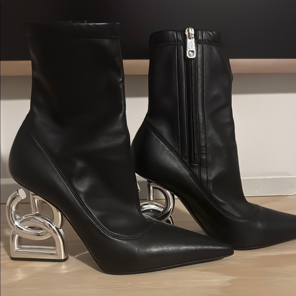 Black and Silver D&G Heeled Boots with Sculptural Heel